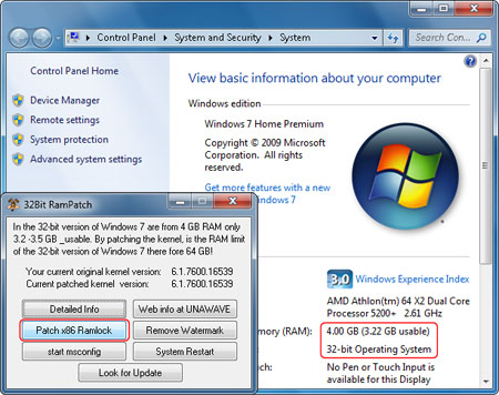 Windows 7 (32-bit) Patch to Support 4 GB or more פאצ למערכת הפעלה 7 שיתמוך ב- 4G - 